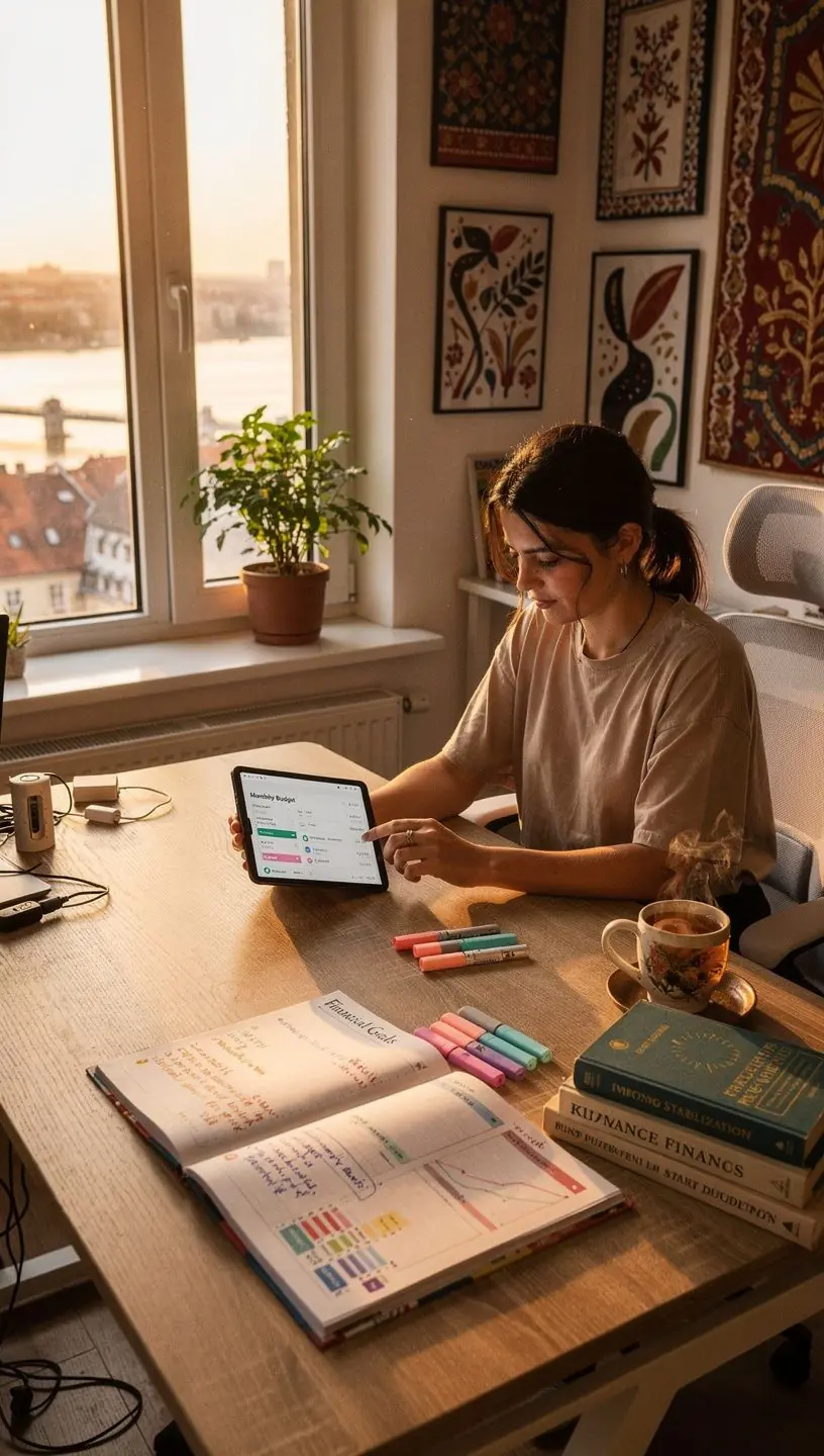 Infografika a havi bevételek és kiadások kiegyensúlyozásának lépéseiről.