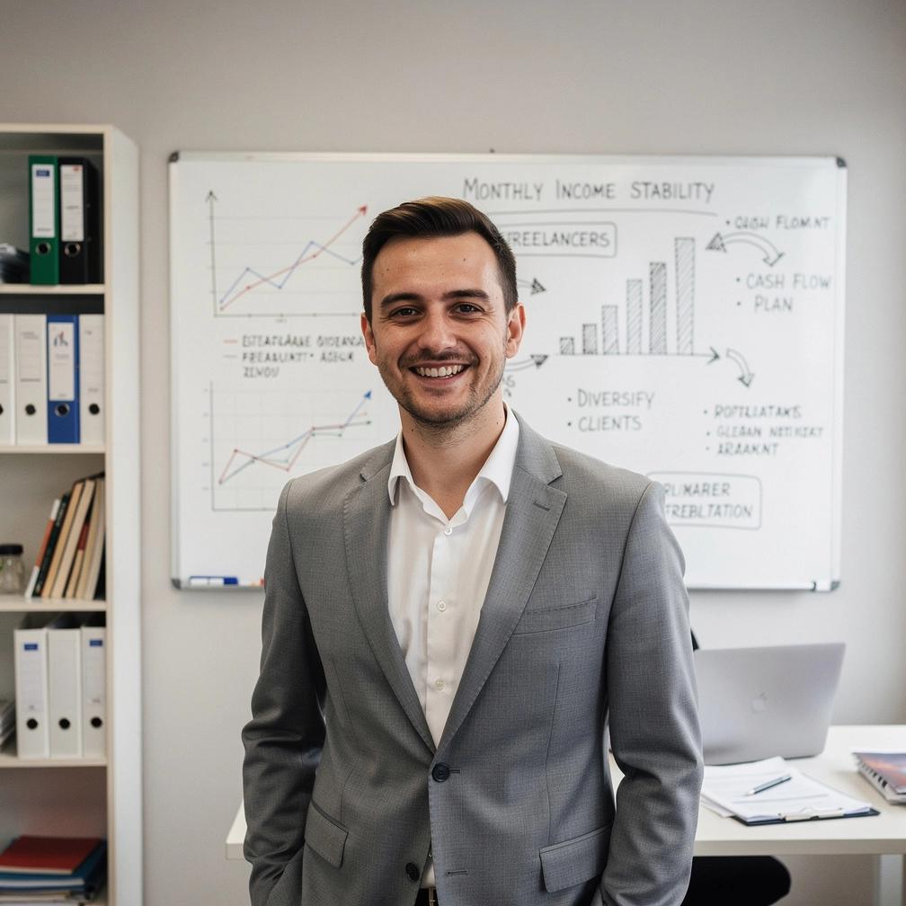 Freelancer szakmai könyvtár, ahol bevételstabilizáló könyvek sorakoznak rendezett polcon.